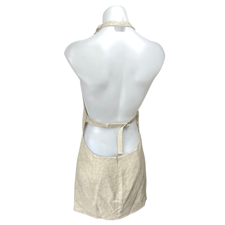 Retrofete Blaine Beige Linen Sleeveless Halter Backless Mini Bodycon Dress Sz S
