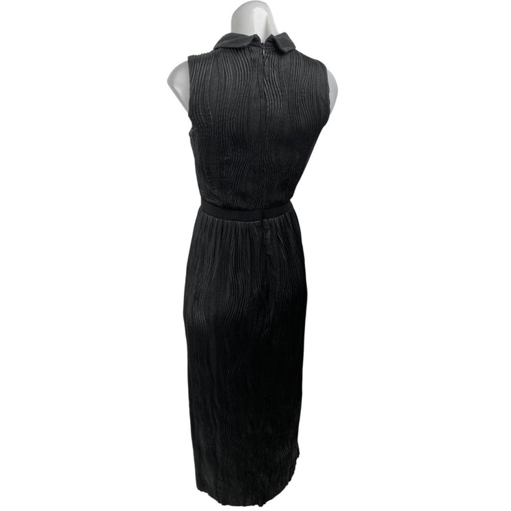 Hunter Bell Black Sleeveless Plisse Pleated Collared Bow Maxi Sheath Dress Sz 0