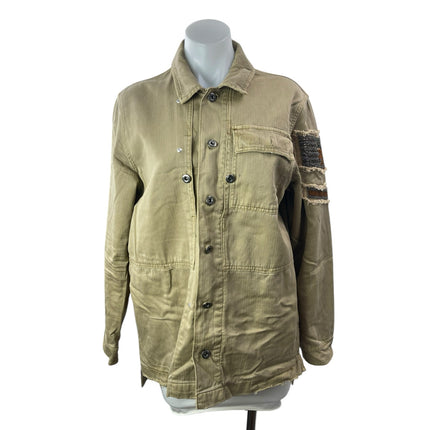 Free People Olive Green Khaki Embellished Army Utility Military Shirt Jacket S