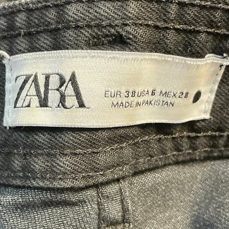 Zara Womens Black High Waisted Frayed Hem Wide Leg Ankle Denim Jeans Pants Sz 6