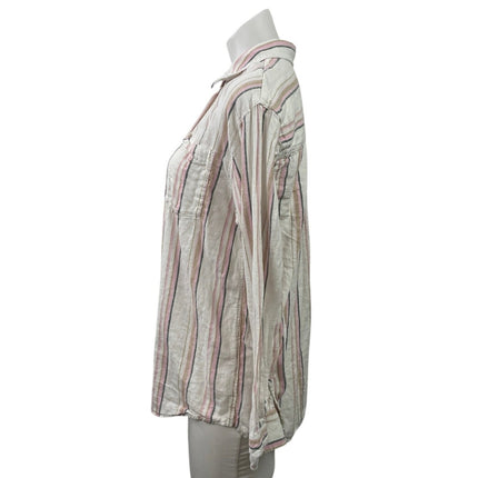 Gap White Pink Striped Linen Long Sleeve Pocket Button Down Shirt Top Size M