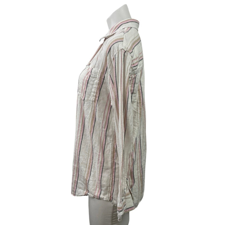 Gap White Pink Striped Linen Long Sleeve Pocket Button Down Shirt Top Size M
