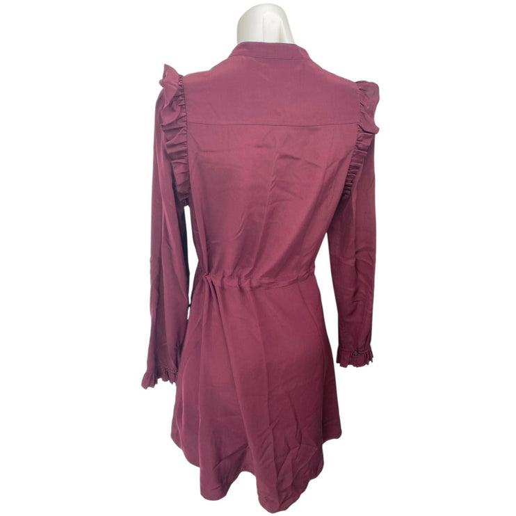 AllSaints Red 100% Silk Long Sleeve Ruffle Button Tie Waist Mini A Line Dress 4