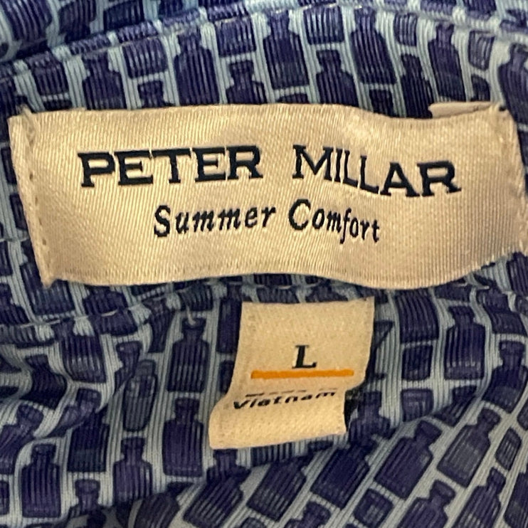 Peter Millar Men's Blue Geometric Golf Casual Short Sleeve Polo Shirt Top Size L