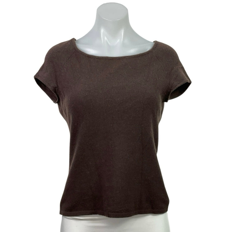 Dana Buchman Brown 100% Cashmere Short Sleeve Boat Neck Tee Knit Top Size L