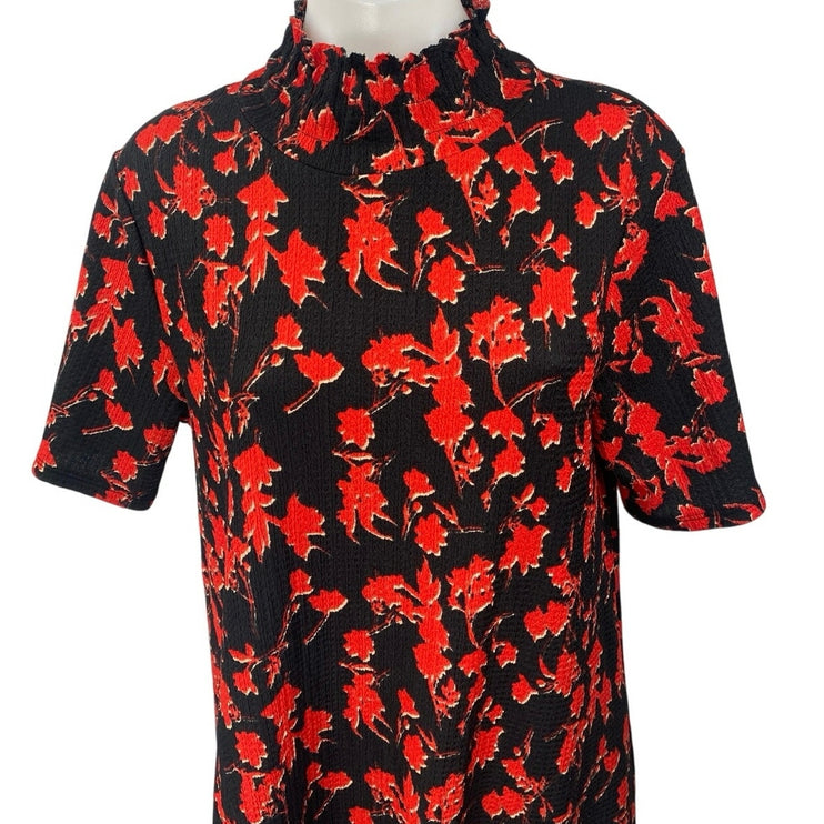 Zara Black Red Floral Short Sleeve Ruffle Turtleneck Mini Shift Dress Size M12