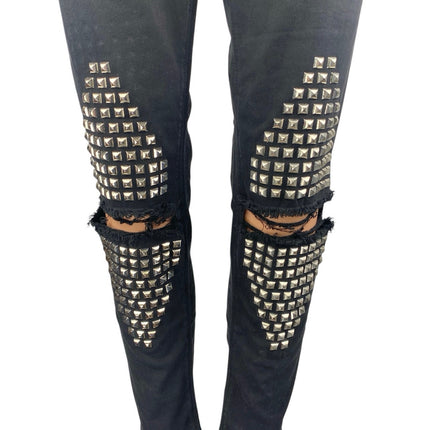 Gaelle Black Studded Distressed Ripped Knee Mid Rise Skinny Denim Jeans Pants 27