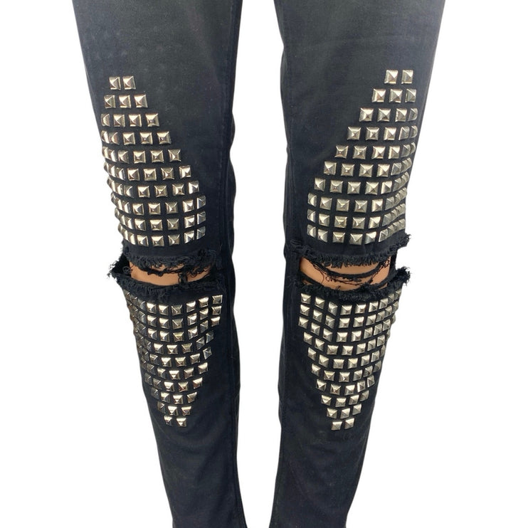 Gaelle Black Studded Distressed Ripped Knee Mid Rise Skinny Denim Jeans Pants 27