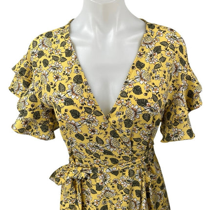 Max Studio Yellow Floral Ruffle Flutter Short Sleeve Hi-Low Midi Wrap Dress XS