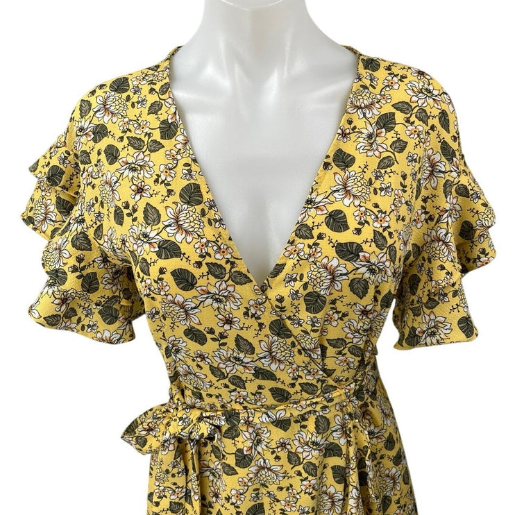 Max Studio Yellow Floral Ruffle Flutter Short Sleeve Hi-Low Midi Wrap Dress XS
