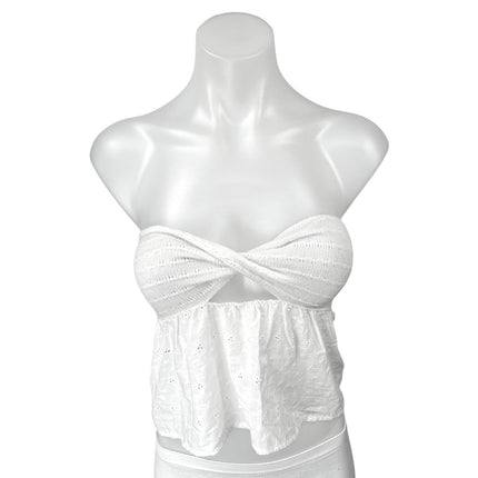 Subdued White Strapless Sleeveless Cutout Eyelet Crochet Crop Tube Tank Top S