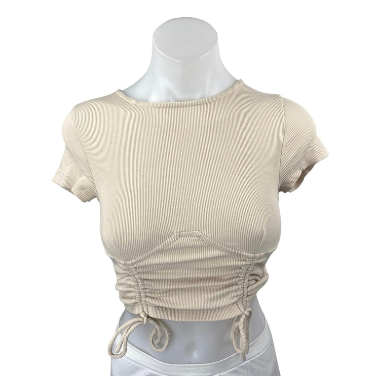 Princess Polly Cream Beige Short Sleeve Corset Bustier Tie Ruched Crop Top Sz 2