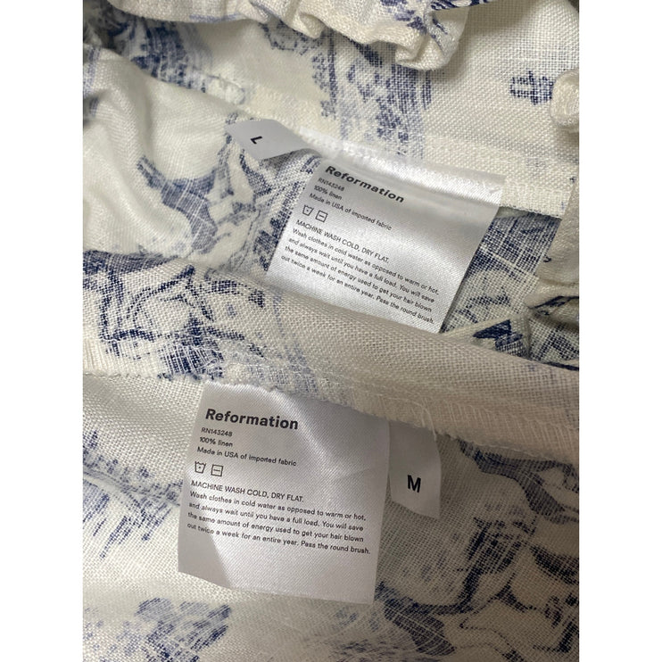 NEW Reformation 100% Linen White Blue Printed Crop Tank Top & Trousers Set Sz M