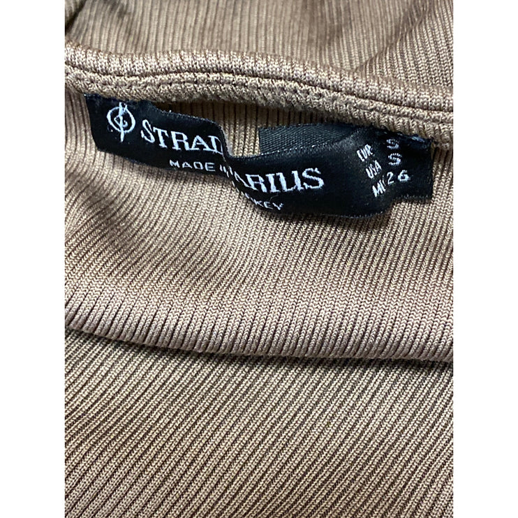 Stradivarius Women's Brown Square Neck Rib Knit Long Sleeve Crop Shirt Top Sz S