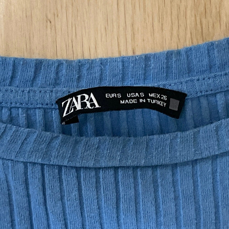 Zara Women's Blue Ribbed Knit Boat Neck Long Sleeve Crop Basic Tee T-Shirt Top S