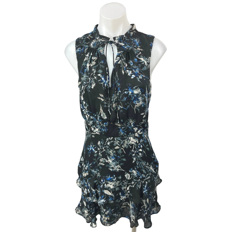 Parker Black Blue Floral Sleeveless Tie Neck Tiered Ruffle Mini Dress Size S