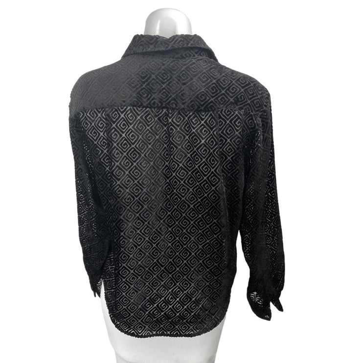 Guess Jeans Black Long Sleeve Semi Sheer Geometric Button Up Shirt Top Size M