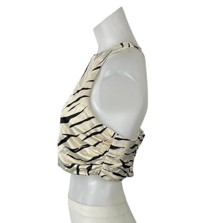 Zara Beige Tiger Animal Print High Neck Sleeveless Cross Back Crop Top Size S