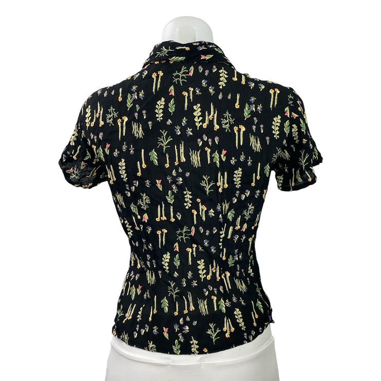 Putomayo Womens Black Floral Crinkled Short Sleeve Button Down Shirt Top Size S