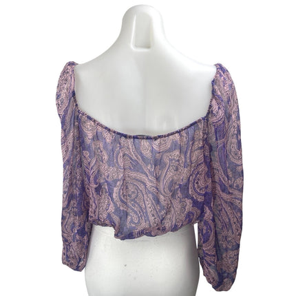 Zara Women's Purple Paisley Ruffle Long Puff Sleeve Sheer Crop Blouse Top Size L