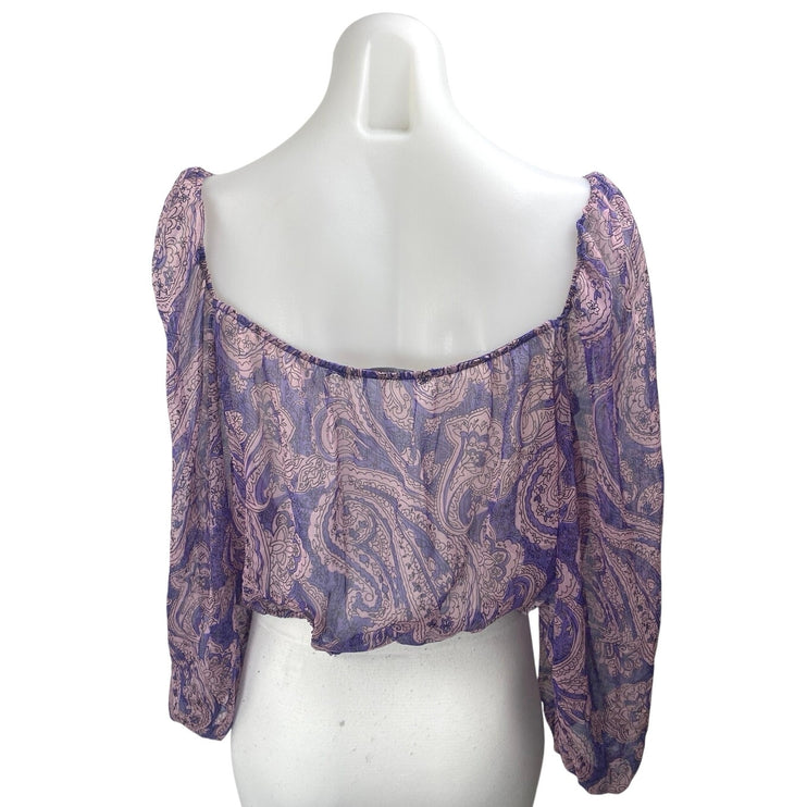 Zara Women's Purple Paisley Ruffle Long Puff Sleeve Sheer Crop Blouse Top Size L