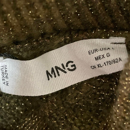 MNG Mango Olive Green Metallic Cable Knit Long Sleeve Mock Neck Sweater Top Sz L