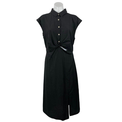 Old Navy Black Short Cap Sleeve Button Twist Front Slit Midi Shirt Dress Size L