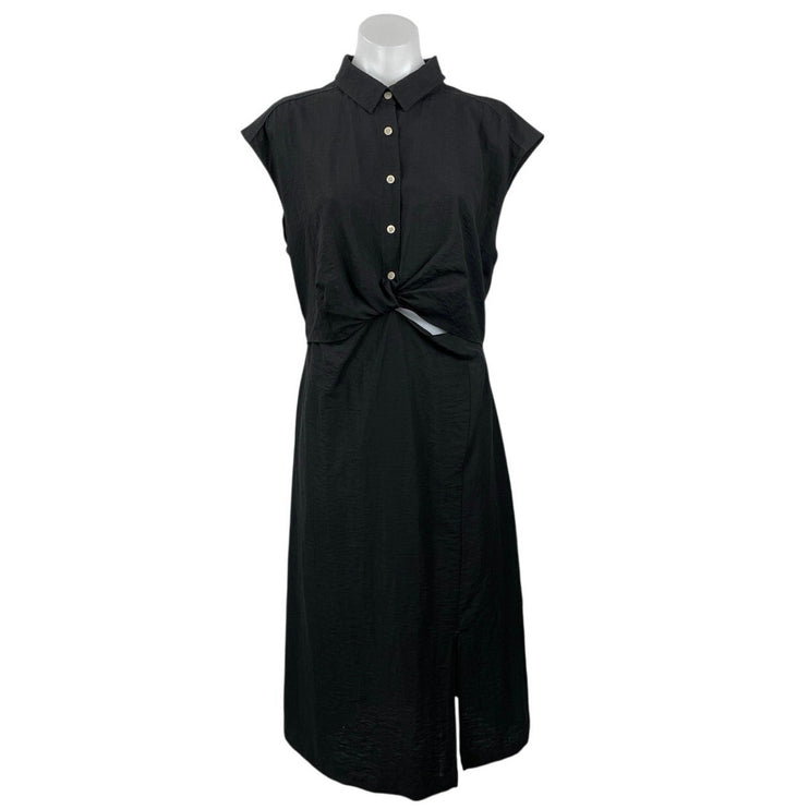 Old Navy Black Short Cap Sleeve Button Twist Front Slit Midi Shirt Dress Size L