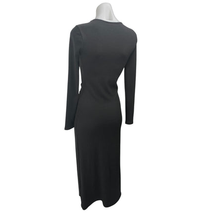 Aqua Women's Black Rib Knit Tie Waist L:ong Sleeve Midi Bodycon Sweater Dress XS