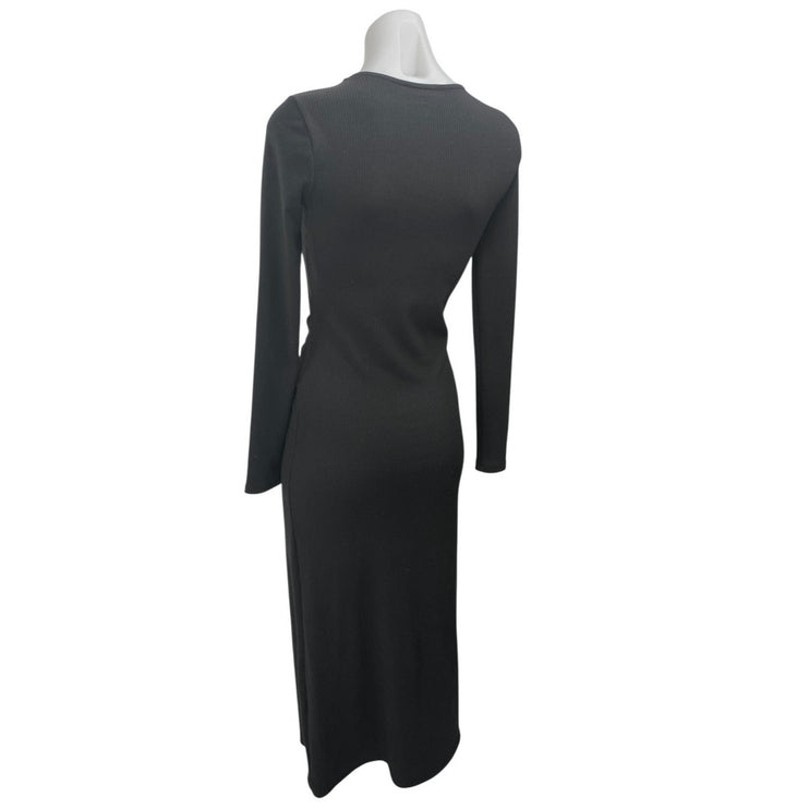 Aqua Women's Black Rib Knit Tie Waist L:ong Sleeve Midi Bodycon Sweater Dress XS