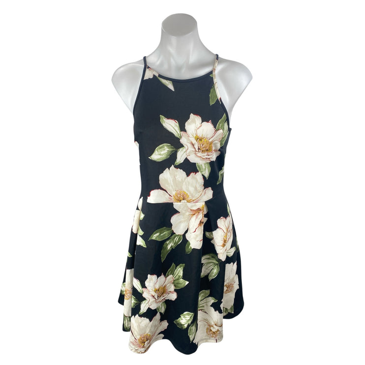 Monteau Black Floral Sleeveless High Neck Cami Fit & Flare Mini Dress Size L