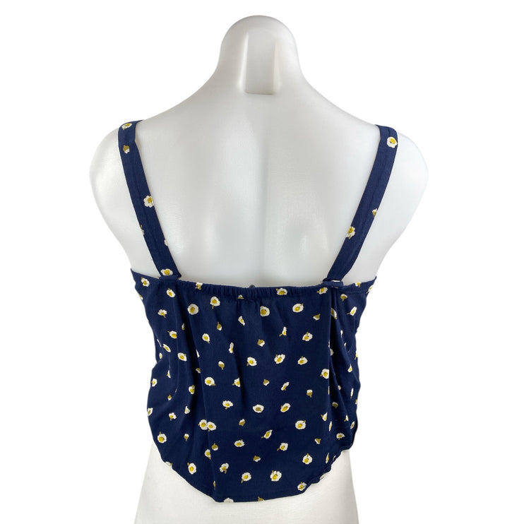 Madewell Blue Floral Button Up Front Tie Sleeveless Crop Cami Tank Blouse Top XS