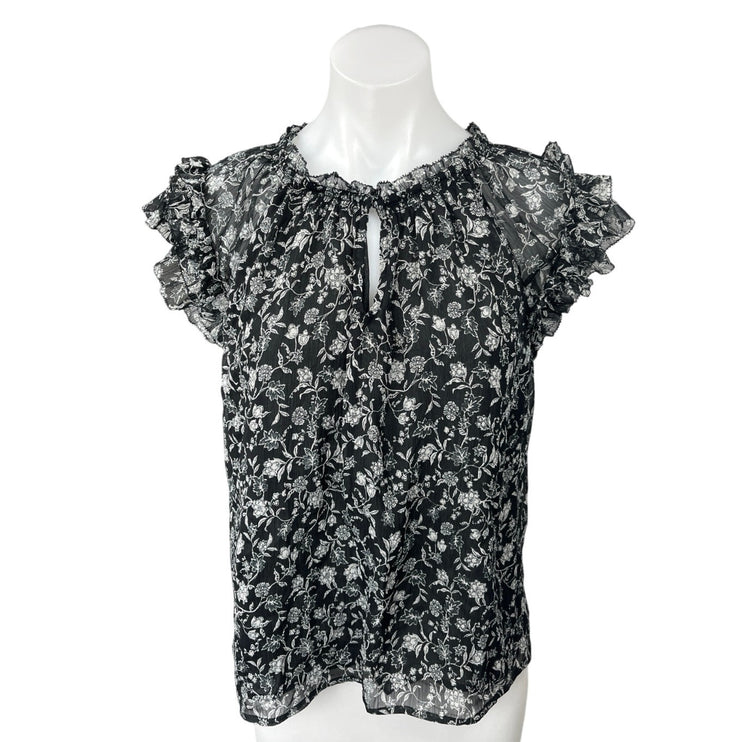 Old Navy Black Chiffon Floral Print Ruffle Short Sleeve Keyhole Blouse Top Sz L