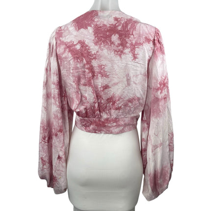 Signature8 Pink Tie Dye Deep V Neck Long Balloon Sleeve Blouse Crop Top Size M