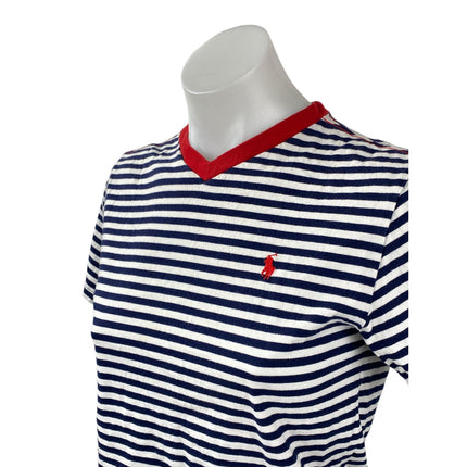 Polo Ralph Lauren White Navy Striped V Neck Short Sleeve Basic Tee T-Shirt Top S