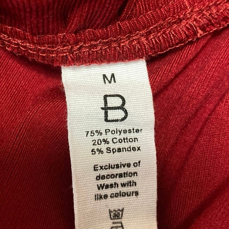 B Red Long Sleeve Mesh Polka Dots Ribbed Knit Mock Neck Ruffle Blouse Top Size M
