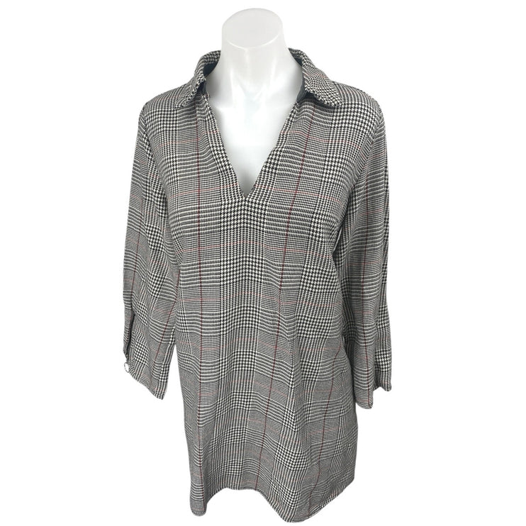 Zara Black White Houndstooth Plaid Collared Long Sleeve Shift Mini Dress Size 0