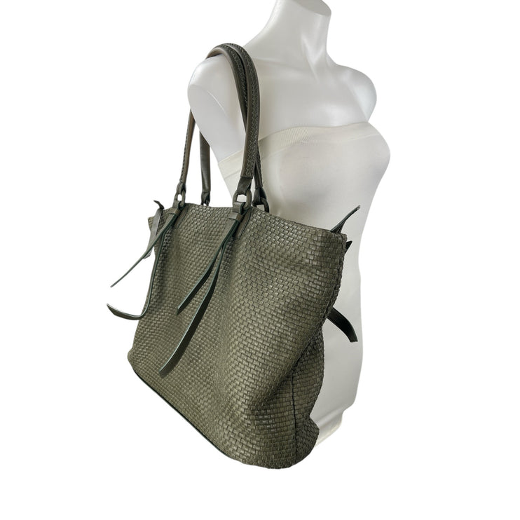 Cole Haan Bethany Green Weave Leather Zip Shoulder Tote Bag Handbag Large OS