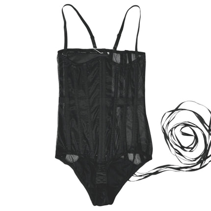 NEW Perfect Corset Cape Form Black Mesh Sheer Lace Up Back Coset Bodysuit Size M