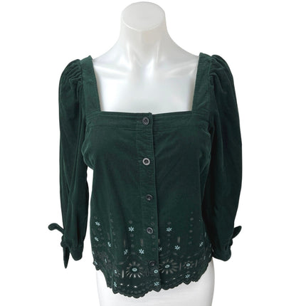 Madewell Green Floral Embroidered Eyelet Corduroy Tie-Sleeve Blouse Top Sz XS