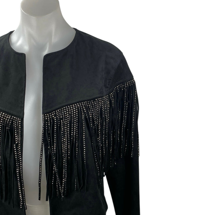 Zara Women's Black Faux Leather Suede Rhinestone Fringe Cropped Jacket Size S