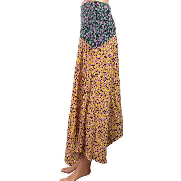 Topshop Multicolor Color Block Floral Asymmetrical Hem Maxi A-Line Skirt Size 2