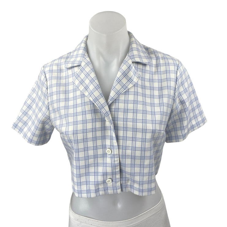 Brandy Melville Women's Blue White Plaid Short Sleeve Shirt Crop Top Size S