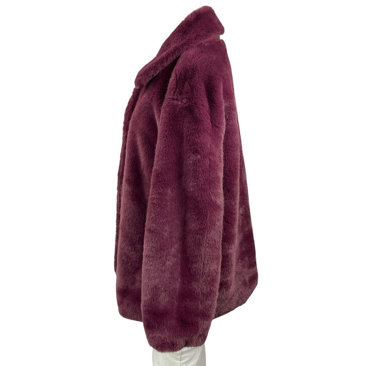 Elie Tahari Women's Maroon Long Sleeves Faux Fur Notch Fleece Coat Jacket L/G