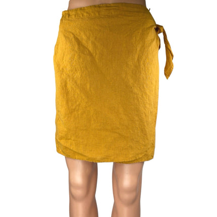 Zara Yellow Linen Tie Waist Lightweight Mini Straight Pencil Wrap Skirt Size L