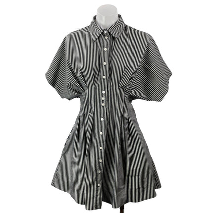 EXQUISE Tobie Black White Short Sleeves Striped Button Down Mini Shirt Dress XS