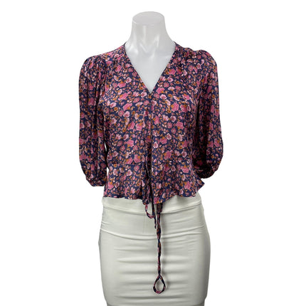 MNG Mango Pink Floral 3/4 Puff Sleeve V Neck Tie Cropped Blouse Top Size 2