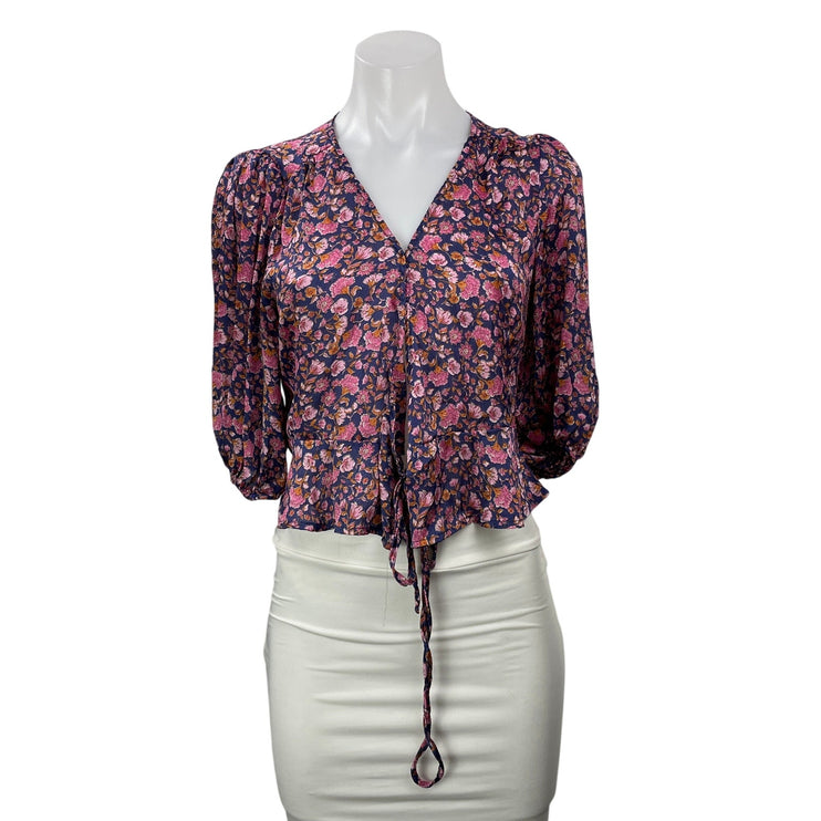 MNG Mango Pink Floral 3/4 Puff Sleeve V Neck Tie Cropped Blouse Top Size 2