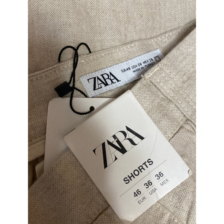 NEW Zara Men's Beige Linen High Rise Pockets Chino Khaki Bermuda Shorts Size 36