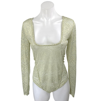 Free People In My Head Green Long Sleeve Mesh Sheer Lace Bodysuit Top Size XS
